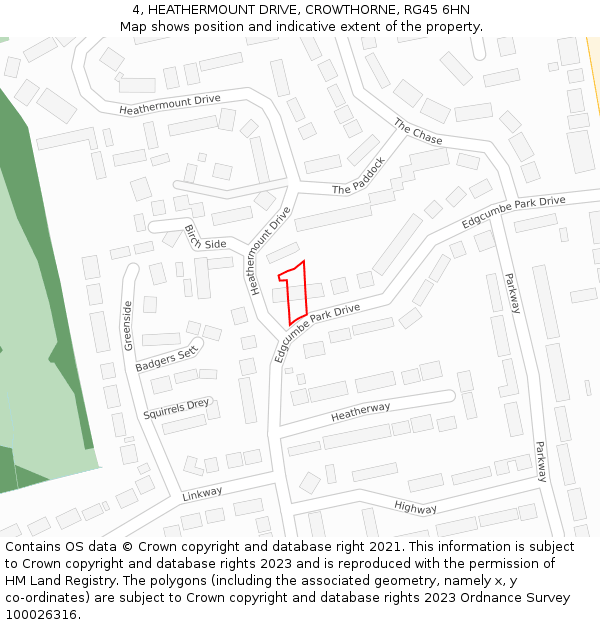 4, HEATHERMOUNT DRIVE, CROWTHORNE, RG45 6HN: Location map and indicative extent of plot