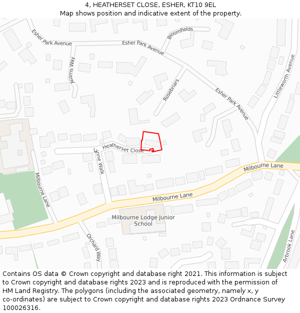 4, HEATHERSET CLOSE, ESHER, KT10 9EL: Location map and indicative extent of plot