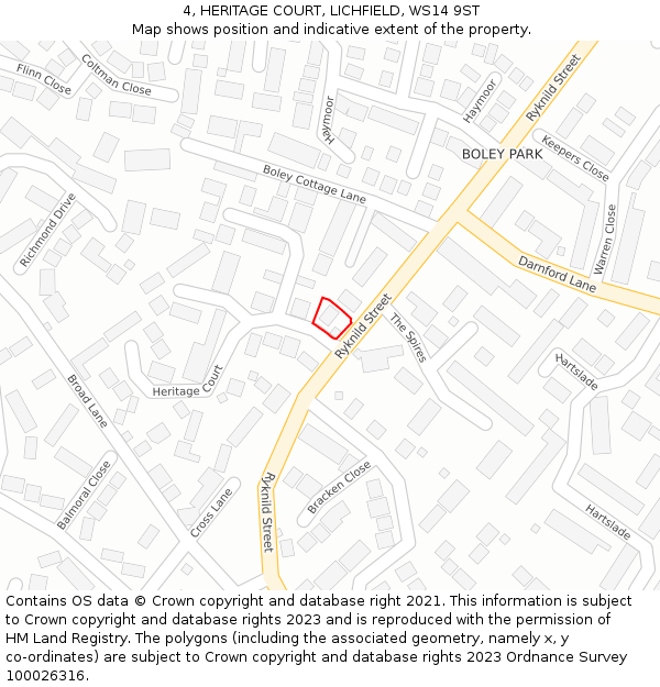 4, HERITAGE COURT, LICHFIELD, WS14 9ST: Location map and indicative extent of plot