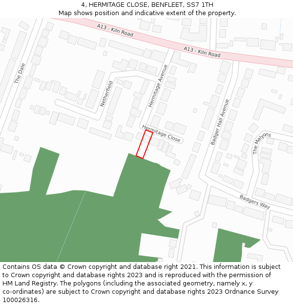 4, HERMITAGE CLOSE, BENFLEET, SS7 1TH: Location map and indicative extent of plot