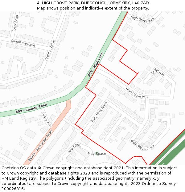 4, HIGH GROVE PARK, BURSCOUGH, ORMSKIRK, L40 7AD: Location map and indicative extent of plot