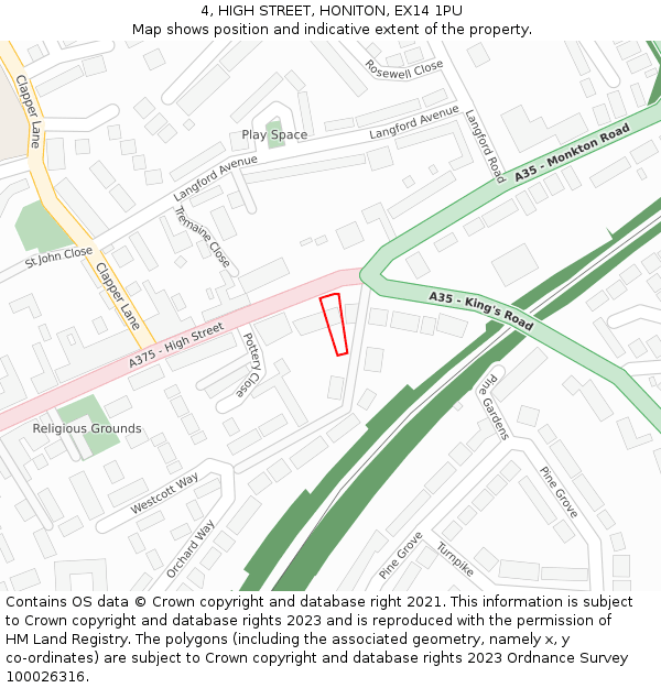 4, HIGH STREET, HONITON, EX14 1PU: Location map and indicative extent of plot