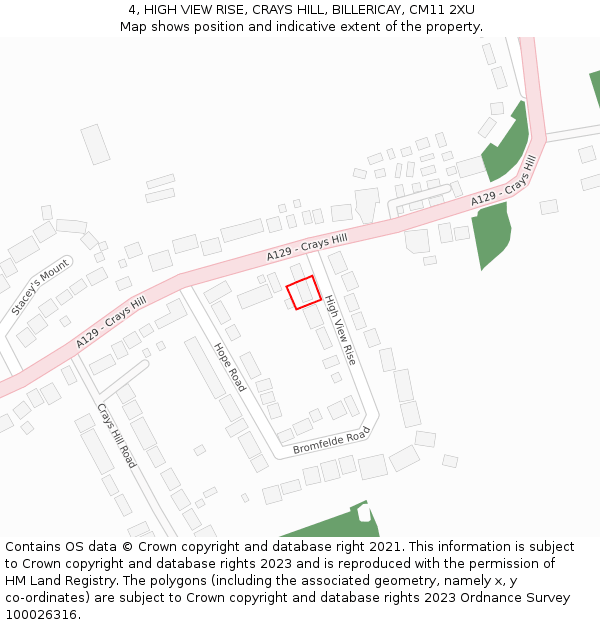 4, HIGH VIEW RISE, CRAYS HILL, BILLERICAY, CM11 2XU: Location map and indicative extent of plot