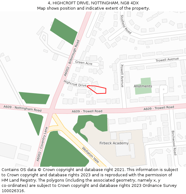 4, HIGHCROFT DRIVE, NOTTINGHAM, NG8 4DX: Location map and indicative extent of plot