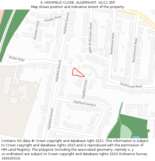 4, HIGHFIELD CLOSE, ALDERSHOT, GU11 3DF: Location map and indicative extent of plot
