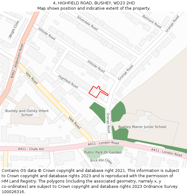 4, HIGHFIELD ROAD, BUSHEY, WD23 2HD: Location map and indicative extent of plot