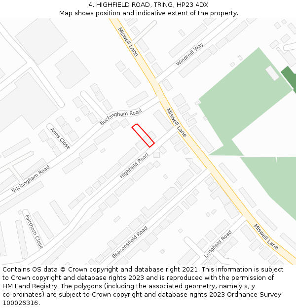 4, HIGHFIELD ROAD, TRING, HP23 4DX: Location map and indicative extent of plot