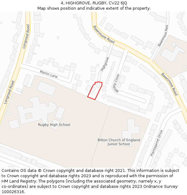 4, HIGHGROVE, RUGBY, CV22 6JQ: Location map and indicative extent of plot