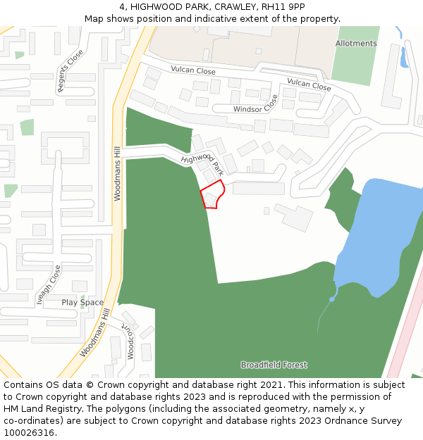 4, HIGHWOOD PARK, CRAWLEY, RH11 9PP: Location map and indicative extent of plot