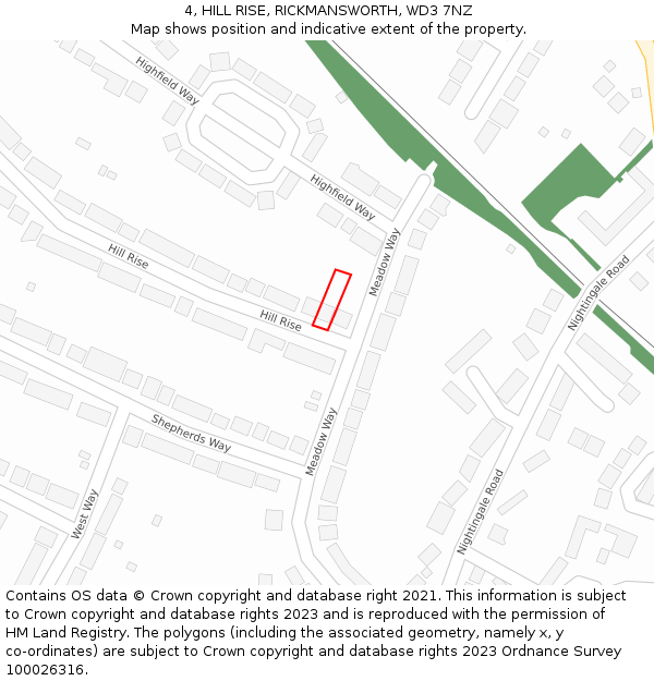 4, HILL RISE, RICKMANSWORTH, WD3 7NZ: Location map and indicative extent of plot