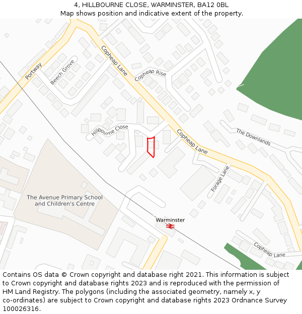 4, HILLBOURNE CLOSE, WARMINSTER, BA12 0BL: Location map and indicative extent of plot