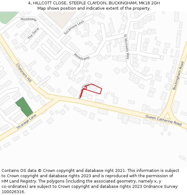 4, HILLCOTT CLOSE, STEEPLE CLAYDON, BUCKINGHAM, MK18 2GH: Location map and indicative extent of plot