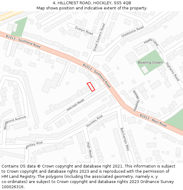 4, HILLCREST ROAD, HOCKLEY, SS5 4QB: Location map and indicative extent of plot