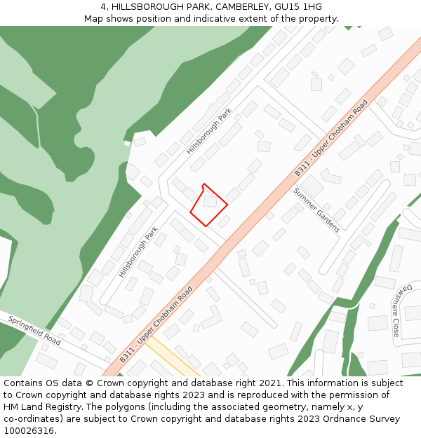 4, HILLSBOROUGH PARK, CAMBERLEY, GU15 1HG: Location map and indicative extent of plot