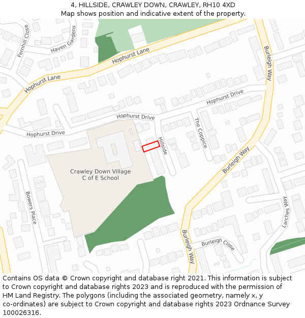 4, HILLSIDE, CRAWLEY DOWN, CRAWLEY, RH10 4XD: Location map and indicative extent of plot