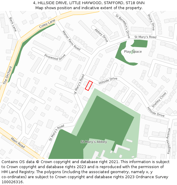 4, HILLSIDE DRIVE, LITTLE HAYWOOD, STAFFORD, ST18 0NN: Location map and indicative extent of plot