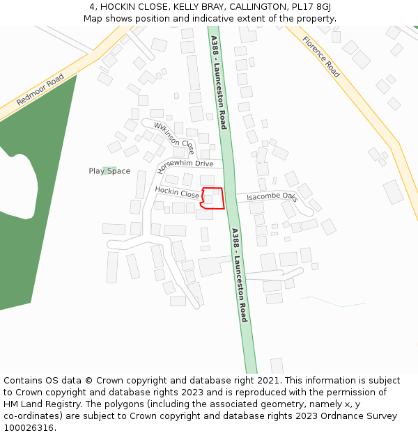 4, HOCKIN CLOSE, KELLY BRAY, CALLINGTON, PL17 8GJ: Location map and indicative extent of plot