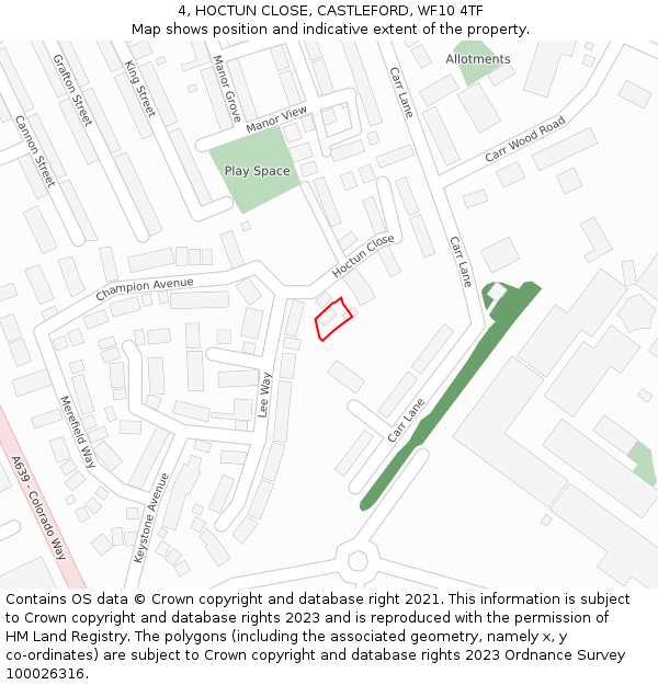 4, HOCTUN CLOSE, CASTLEFORD, WF10 4TF: Location map and indicative extent of plot