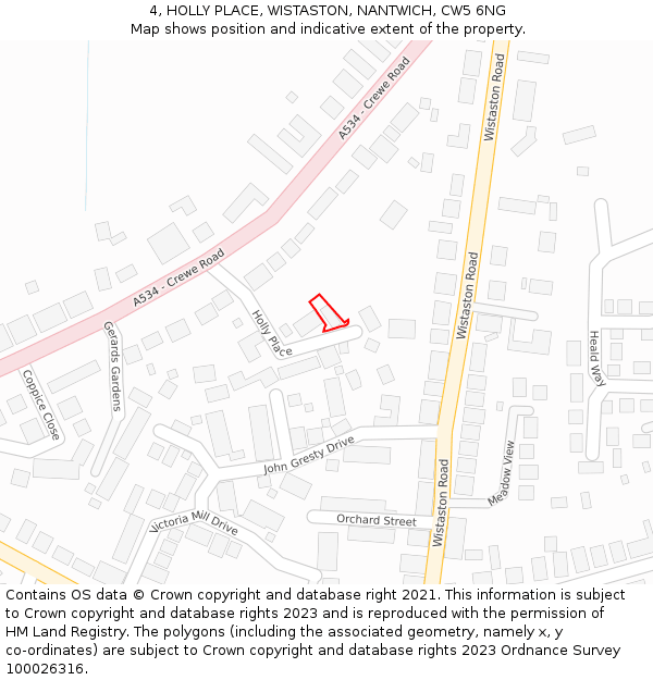 4, HOLLY PLACE, WISTASTON, NANTWICH, CW5 6NG: Location map and indicative extent of plot