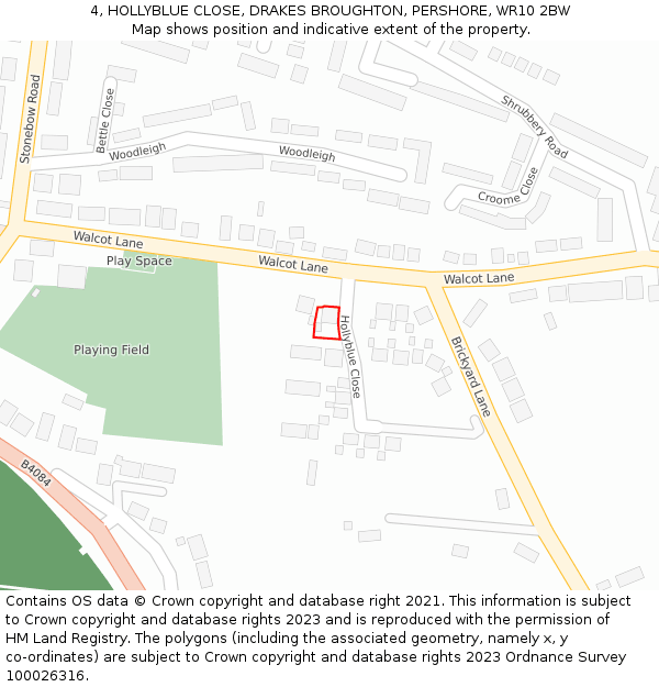 4, HOLLYBLUE CLOSE, DRAKES BROUGHTON, PERSHORE, WR10 2BW: Location map and indicative extent of plot