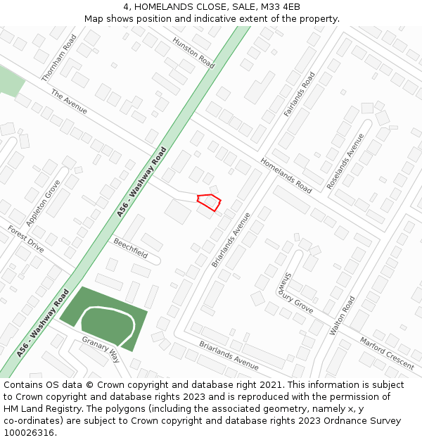 4, HOMELANDS CLOSE, SALE, M33 4EB: Location map and indicative extent of plot