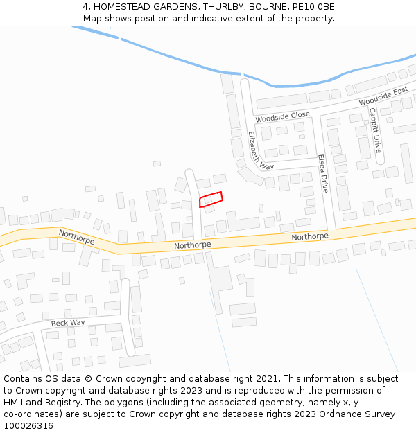 4, HOMESTEAD GARDENS, THURLBY, BOURNE, PE10 0BE: Location map and indicative extent of plot