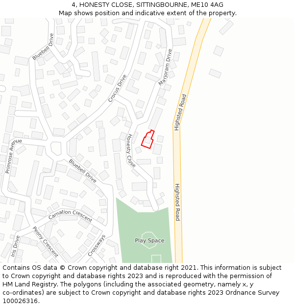 4, HONESTY CLOSE, SITTINGBOURNE, ME10 4AG: Location map and indicative extent of plot