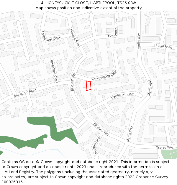 4, HONEYSUCKLE CLOSE, HARTLEPOOL, TS26 0RW: Location map and indicative extent of plot