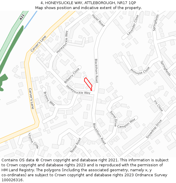 4, HONEYSUCKLE WAY, ATTLEBOROUGH, NR17 1QP: Location map and indicative extent of plot