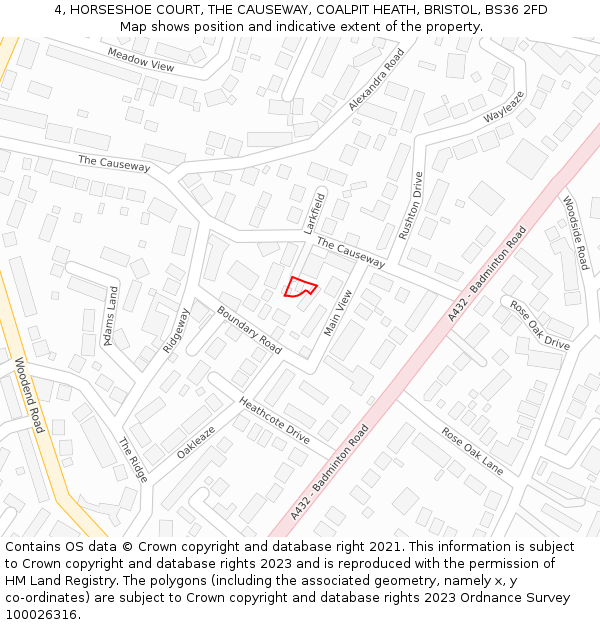 4, HORSESHOE COURT, THE CAUSEWAY, COALPIT HEATH, BRISTOL, BS36 2FD: Location map and indicative extent of plot