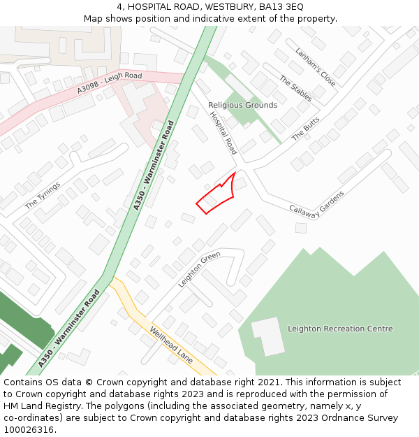 4, HOSPITAL ROAD, WESTBURY, BA13 3EQ: Location map and indicative extent of plot
