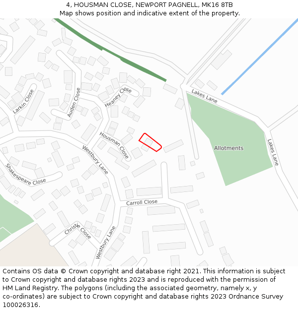 4, HOUSMAN CLOSE, NEWPORT PAGNELL, MK16 8TB: Location map and indicative extent of plot