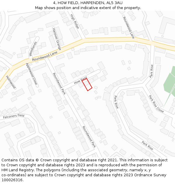 4, HOW FIELD, HARPENDEN, AL5 3AU: Location map and indicative extent of plot