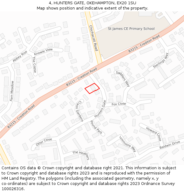 4, HUNTERS GATE, OKEHAMPTON, EX20 1SU: Location map and indicative extent of plot