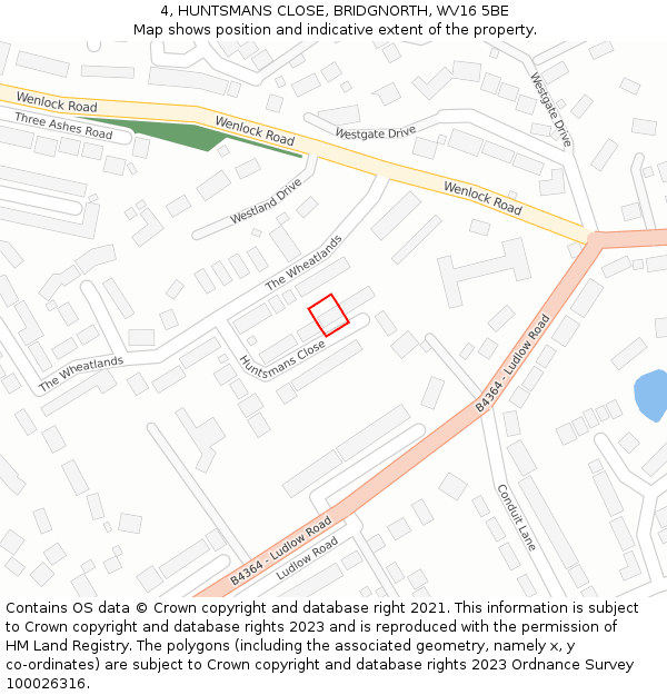 4, HUNTSMANS CLOSE, BRIDGNORTH, WV16 5BE: Location map and indicative extent of plot