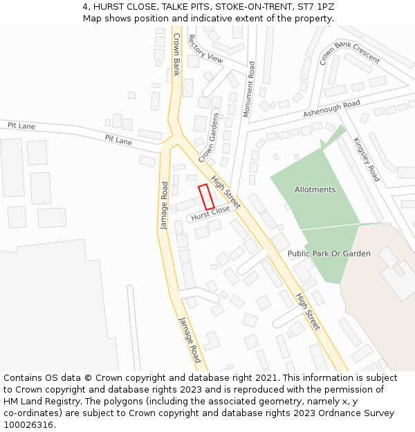 4, HURST CLOSE, TALKE PITS, STOKE-ON-TRENT, ST7 1PZ: Location map and indicative extent of plot