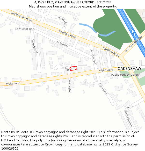 4, ING FIELD, OAKENSHAW, BRADFORD, BD12 7EF: Location map and indicative extent of plot