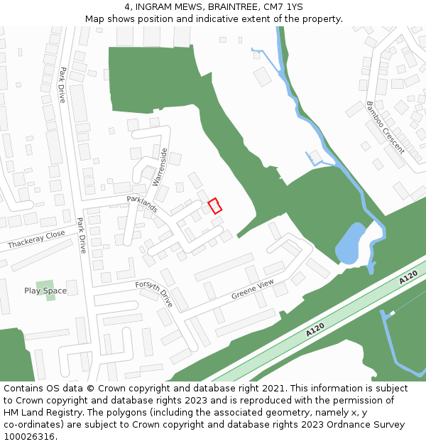 4, INGRAM MEWS, BRAINTREE, CM7 1YS: Location map and indicative extent of plot