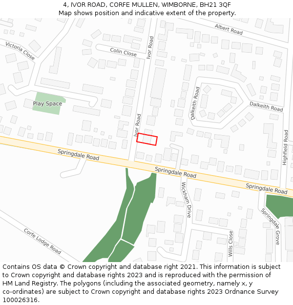 4, IVOR ROAD, CORFE MULLEN, WIMBORNE, BH21 3QF: Location map and indicative extent of plot