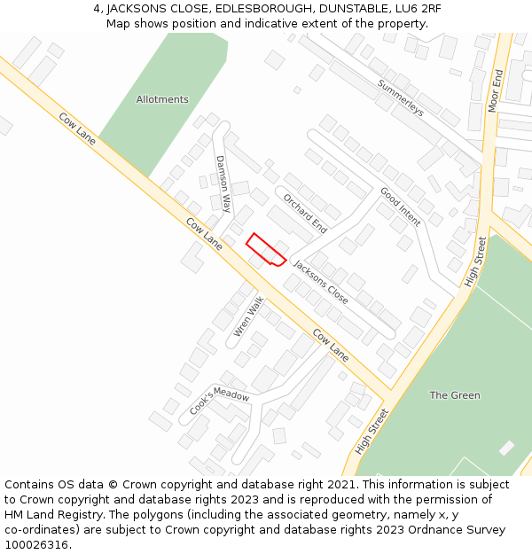 4, JACKSONS CLOSE, EDLESBOROUGH, DUNSTABLE, LU6 2RF: Location map and indicative extent of plot