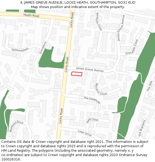 4, JAMES GRIEVE AVENUE, LOCKS HEATH, SOUTHAMPTON, SO31 6UD: Location map and indicative extent of plot