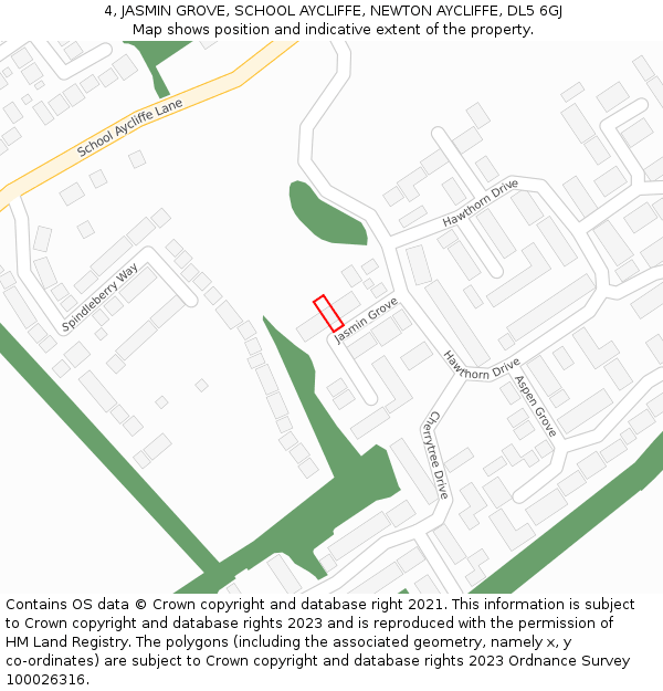 4, JASMIN GROVE, SCHOOL AYCLIFFE, NEWTON AYCLIFFE, DL5 6GJ: Location map and indicative extent of plot