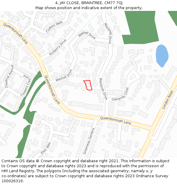 4, JAY CLOSE, BRAINTREE, CM77 7GJ: Location map and indicative extent of plot