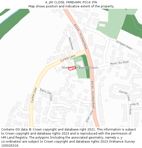 4, JAY CLOSE, FAREHAM, PO14 3TA: Location map and indicative extent of plot