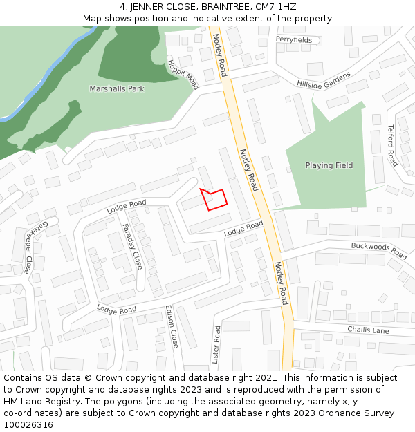 4, JENNER CLOSE, BRAINTREE, CM7 1HZ: Location map and indicative extent of plot