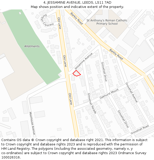4, JESSAMINE AVENUE, LEEDS, LS11 7AD: Location map and indicative extent of plot