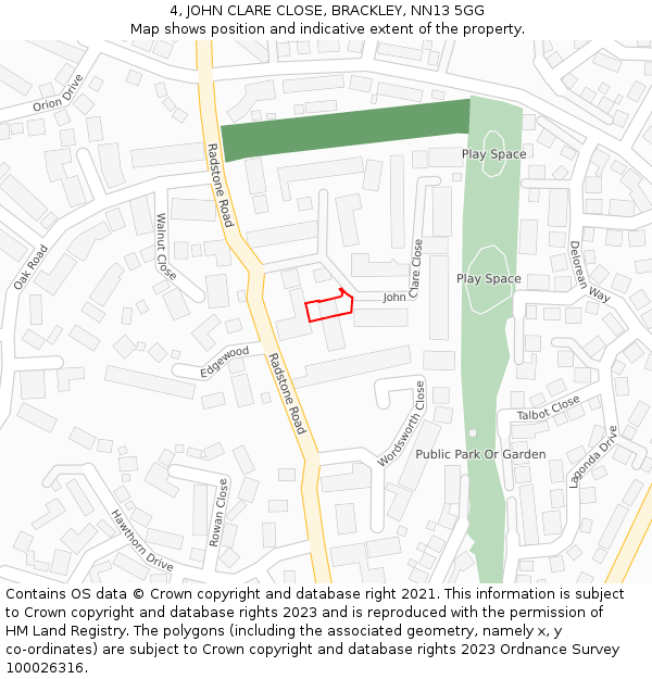 4, JOHN CLARE CLOSE, BRACKLEY, NN13 5GG: Location map and indicative extent of plot