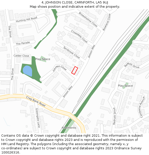 4, JOHNSON CLOSE, CARNFORTH, LA5 9UJ: Location map and indicative extent of plot