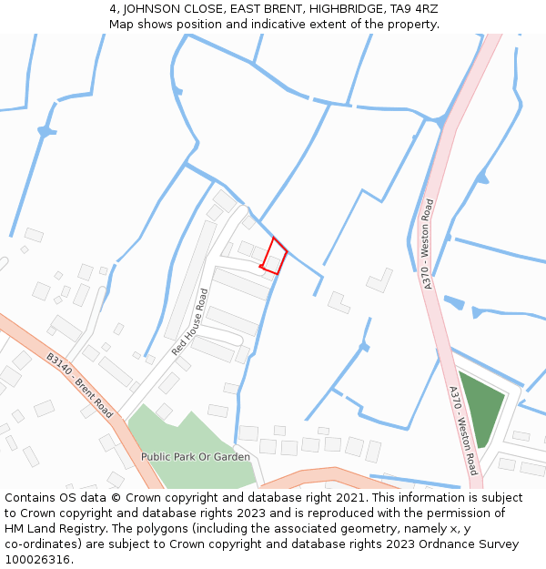 4, JOHNSON CLOSE, EAST BRENT, HIGHBRIDGE, TA9 4RZ: Location map and indicative extent of plot