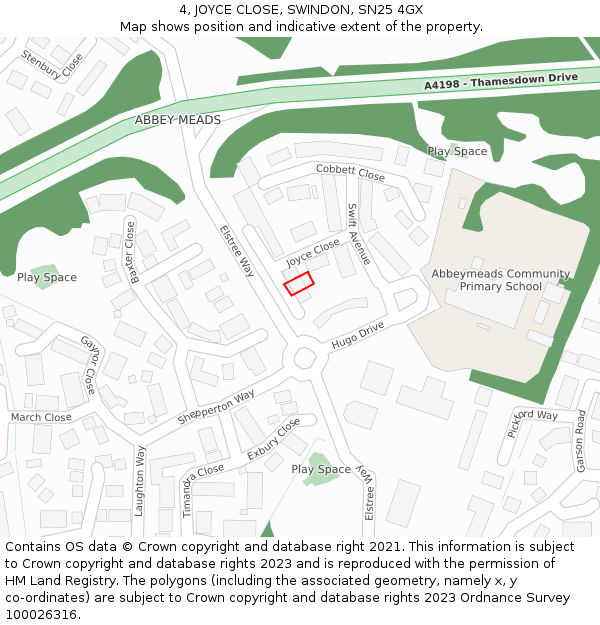 4, JOYCE CLOSE, SWINDON, SN25 4GX: Location map and indicative extent of plot